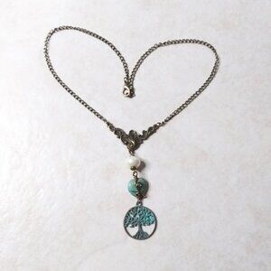 Ultra Feminine Tree of Life "Y" Necklace! African Turquoise Heart + Patina Paint